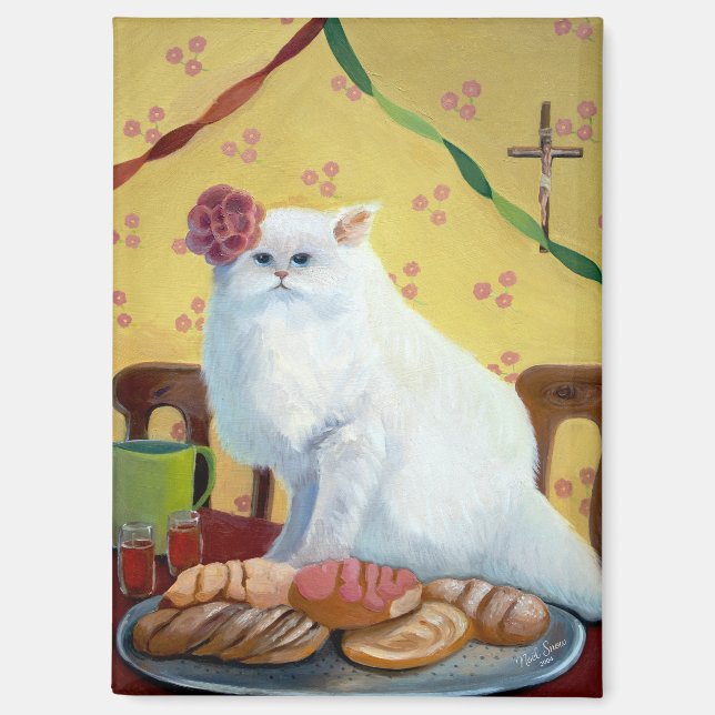 Mexican Folk Inspired White Cat Magnet (Front)