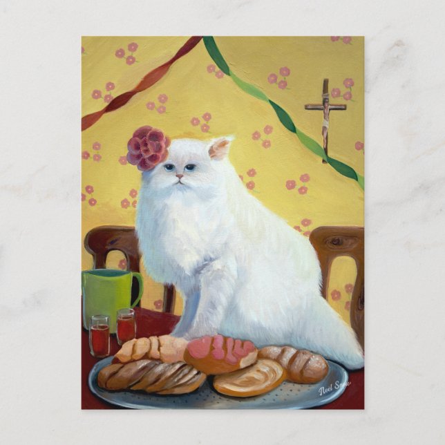 Mexican Folk Inspired White Cat Postcard (Front)