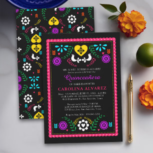 Mexican Folk Papel Picado Fiesta Modern Qinceanera Invitation