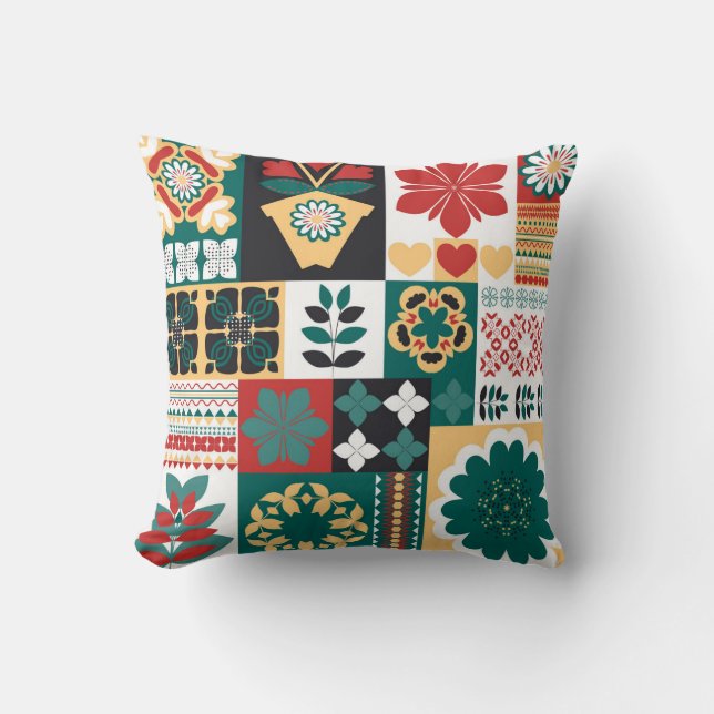 Mexican Geometric: Red Green Ornament. Cushion (Front)