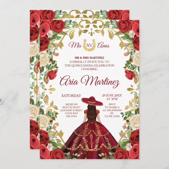 Mexican Girl Burgundy Dress 15th Birthday Invitation (Front/Back)