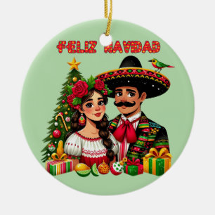 Mexican girl man christmas tree Feliz Navidad art Ceramic Ornament