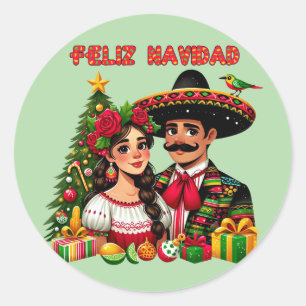Mexican girl man christmas tree Feliz Navidad art Classic Round Sticker