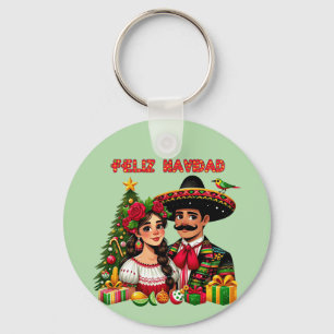 Mexican girl man christmas tree Feliz Navidad art Key Ring