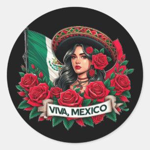 Mexican Girl Viva mexico Flag art illustration Classic Round Sticker