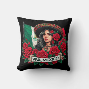 Mexican Girl Viva mexico Flag art illustration Cushion