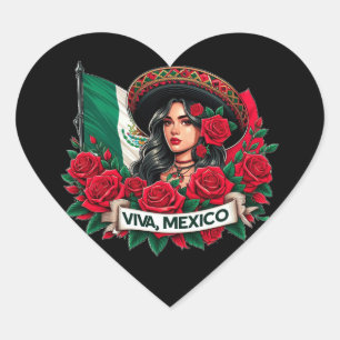 Mexican Girl Viva mexico Flag art illustration Heart Sticker