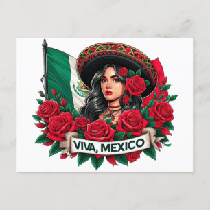 Mexican Girl Viva mexico Flag art illustration Postcard