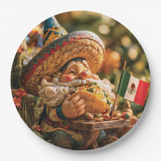 Mexican Gnome Wearing A Sombrero Eating A Taco Paper Plate