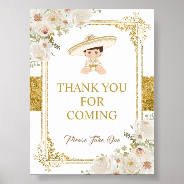 Mexican Gold Fiesta Boy Baptism Thank You Poster (Front)