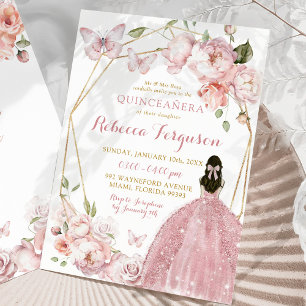 Mexican Gold Pink Floral Princess Quinceañera  Invitation