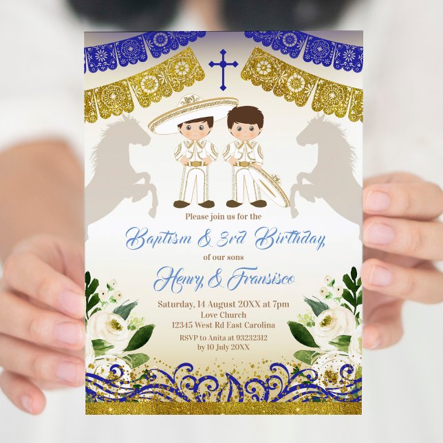 Mexican Gold Twin Charro Boys Baptism Invitation (Creator Uploaded)