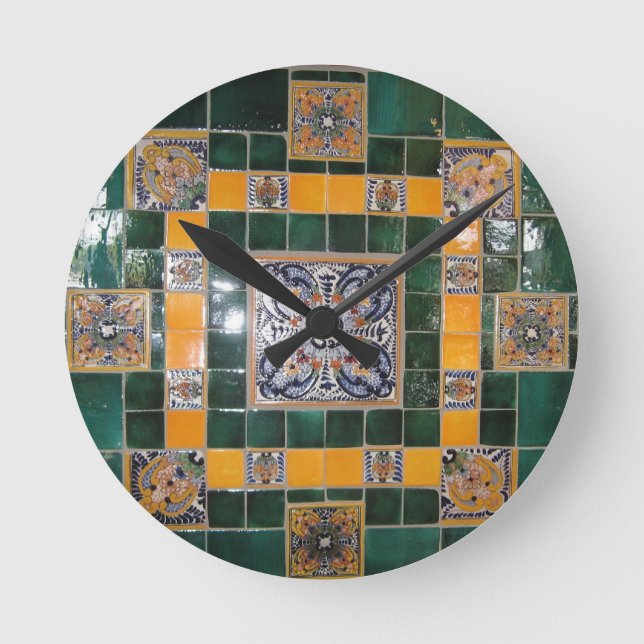 Mexican Green Talavera Style Tile work Round Clock (Front)