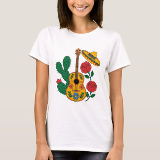 Mexican Guitar Sombrero and Cactus Fiesta Design T-Shirt