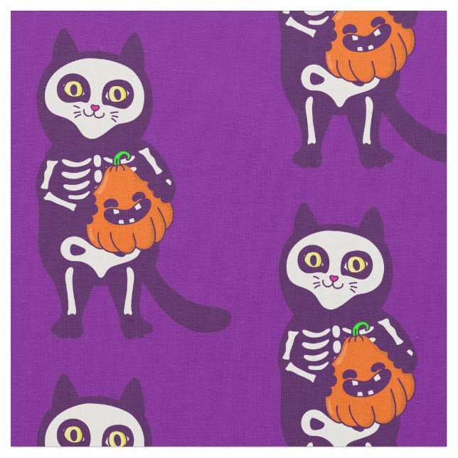 mexican halloween cat skeleton pumpkin fabric (Close Up)