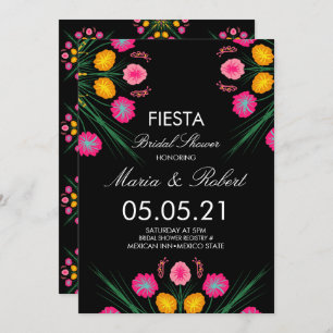 Mexican Hand Drawn Floral Black Pink Bridal Shower Invitation