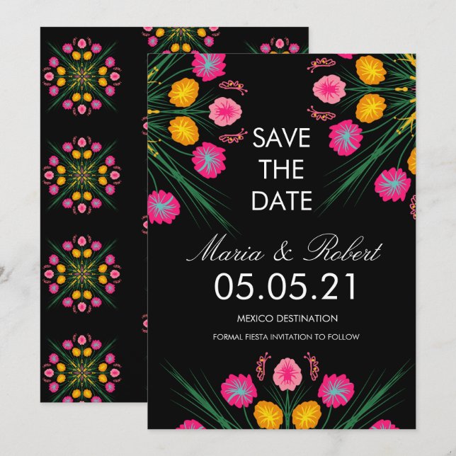 Mexican Hand Drawn Floral Black Pink Save the Date Invitation (Front/Back)
