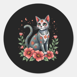 Mexican Heritage Cat Sugar Skull With Flowers  Classic Round Sticker