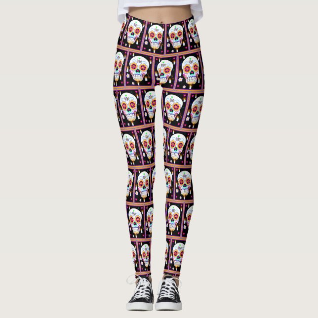 Mexican Holiday Day Of The Dead Sugar Skull  Leggings (Front)