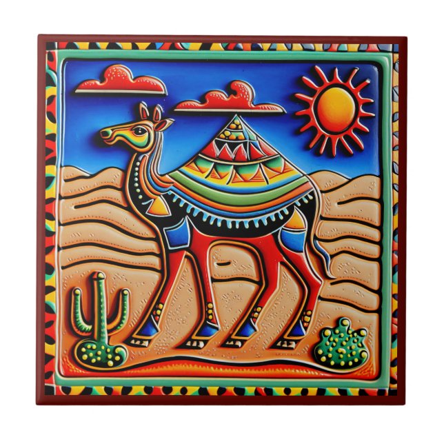Mexican huichol art style camel ceramic tile (Front)