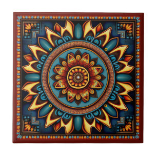 Mexican huichol art style ceramic tile