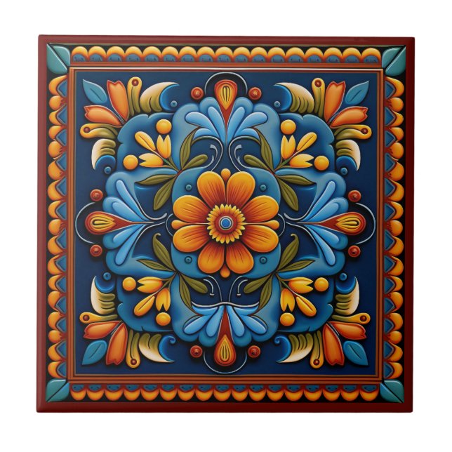 Mexican huichol art style ceramic tile (Front)