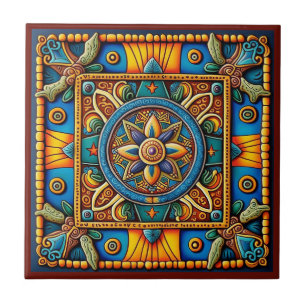 Mexican huichol art style ceramic tile 2/12