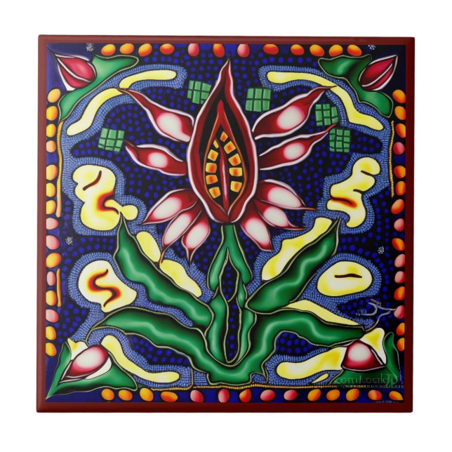 Mexican huichol art style lily ceramic tile (Front)