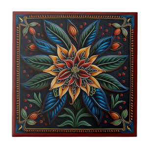 Mexican huichol art style lily ceramic tile