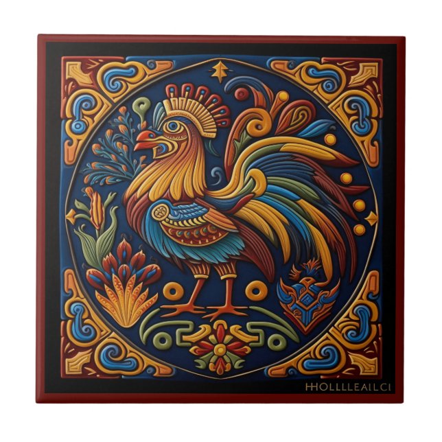 Mexican huichol art style rooster ceramic tile (Front)