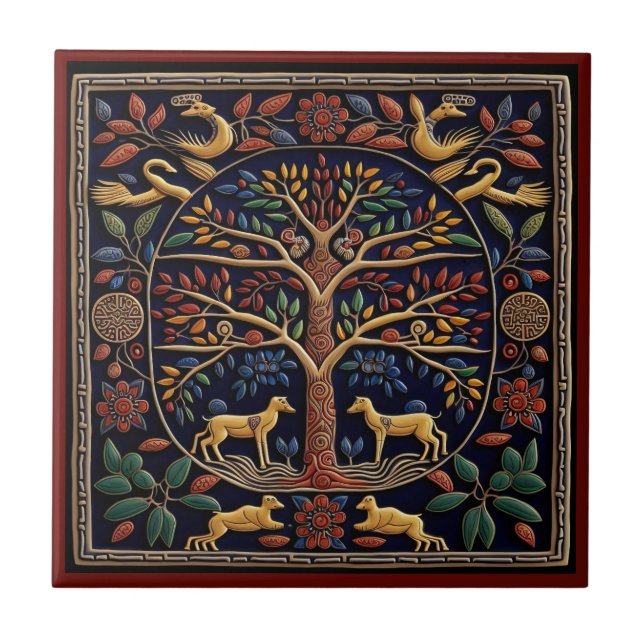 Mexican huichol art tree of life ceramic tile (Front)