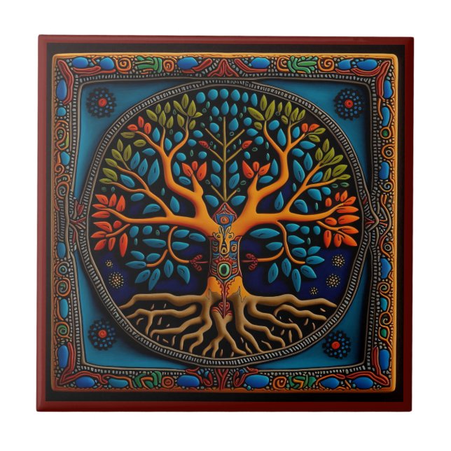 Mexican huichol art tree of life ceramic tile (Front)