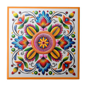 Mexican huichol flowerceramic tile