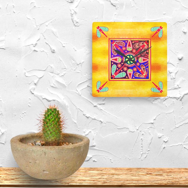 Mexican Huichol Golden & Purple Art Patterns Square Wall Clock (Creator Uploaded)