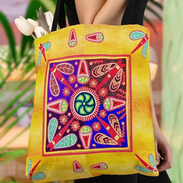 Mexican Huichol Golden & Purple Art Patterns Tote Bag (Carry a piece of Mexican culture with you in our Mexican Huichol Golden & Purple Art Tote Bag.)