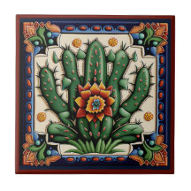 Mexican Huichol style cactus ceramic tile 12/12