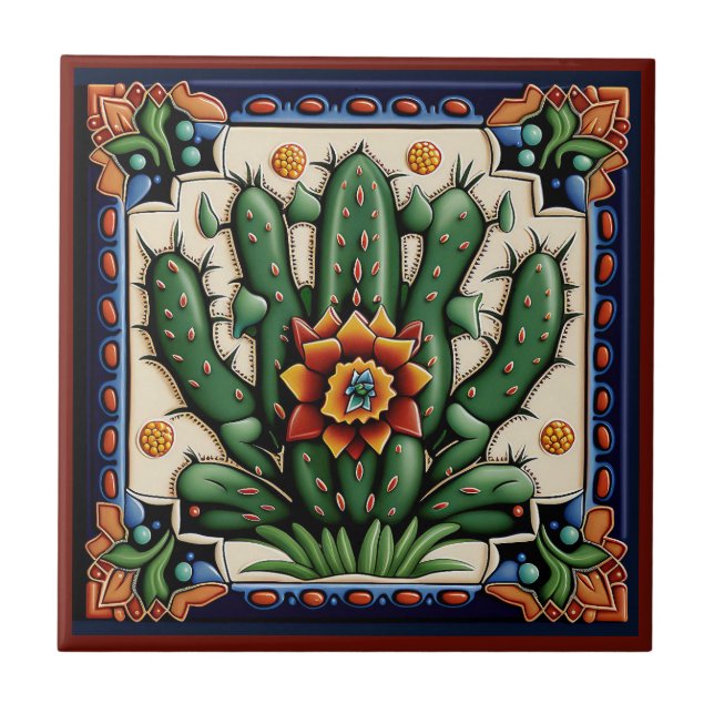 Mexican Huichol style cactus ceramic tile 12/12 (Front)