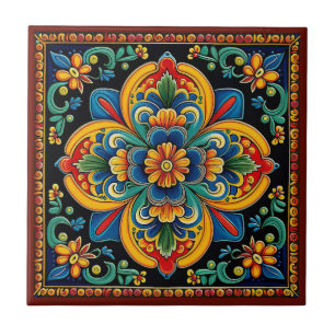 Mexican Huichol style flower ceramic tile 10/12