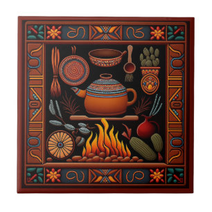 Mexican Huichol style kitchen ceramic tile 9/12