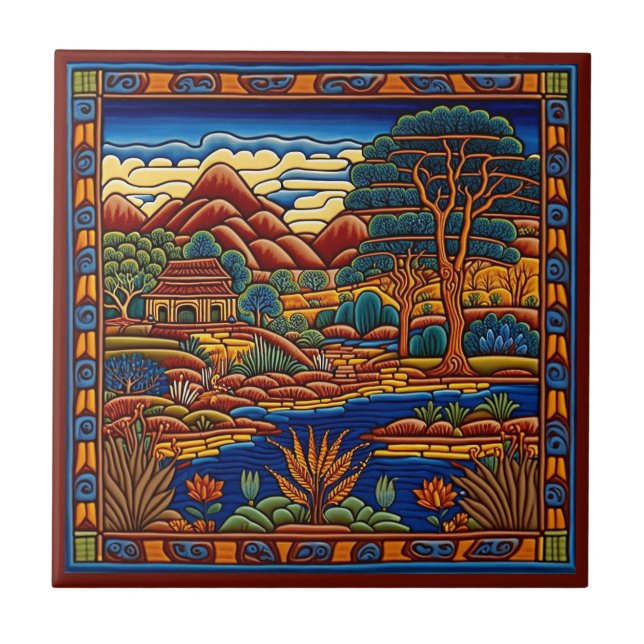 Mexican Huichol style landscape ceramic tile 7/12 (Front)