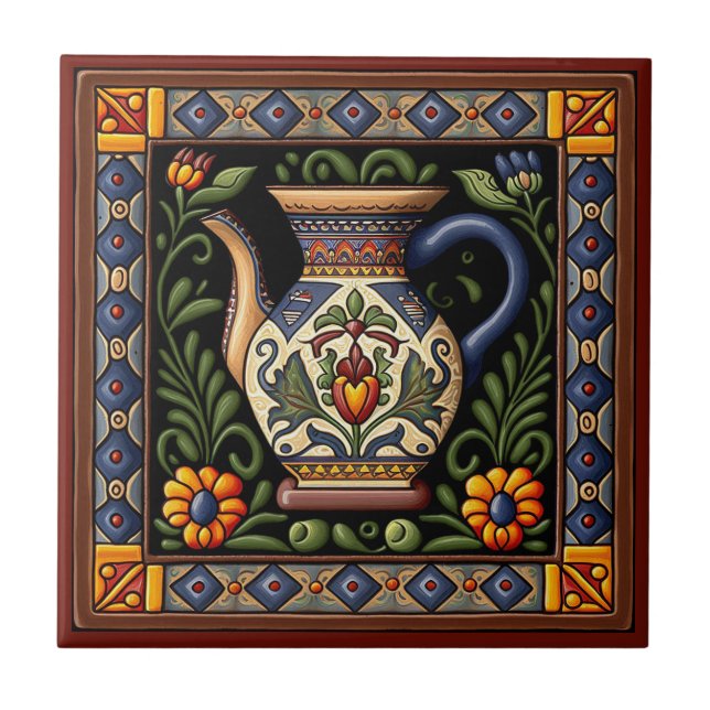 Mexican Huichol style pitcher ceramic tile 3/12 (Front)