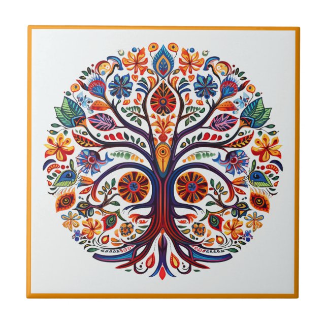 Mexican huichol tree of life ceramic tile (Front)