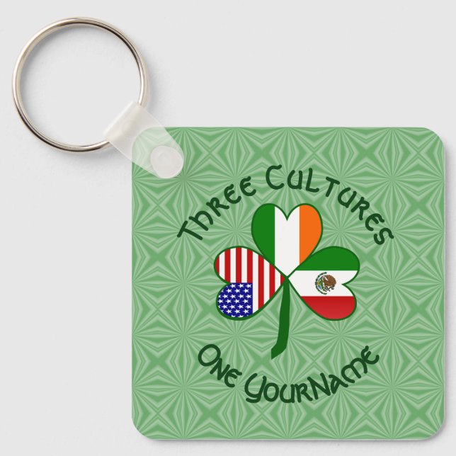 Mexican Irish American Flags Shamrock Your Name Key Ring (Front)
