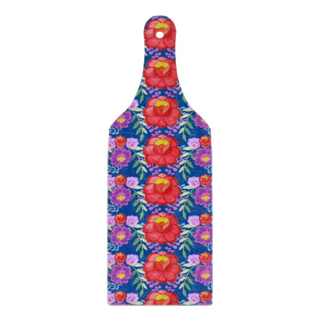 Mexican Kitchen Floral Folk Flower Vines Blue Cutting Board (Front)