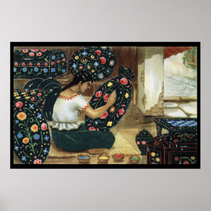 Mexican lady painting colourful vivid plates poste poster