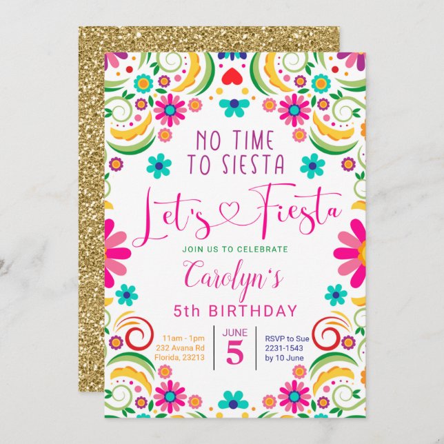 Mexican Let's Fiesta Girl Birthday Invitation (Front/Back)