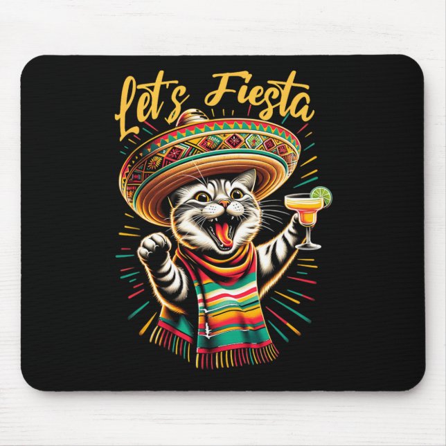 Mexican Let's Fiesta Sombrero Cat Cinco De Mayo Fu Mouse Pad (Front)