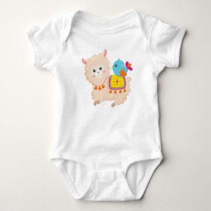 Mexican Llama, Cute Llama, Cute Alpaca, Blue Bird Baby Bodysuit
