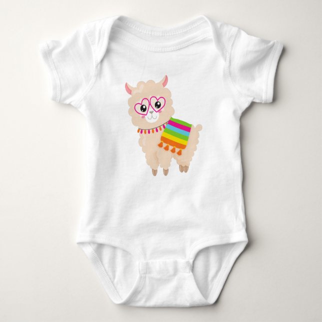 Mexican Llama, Cute Llama, Cute Alpaca, Glasses Baby Bodysuit (Front)
