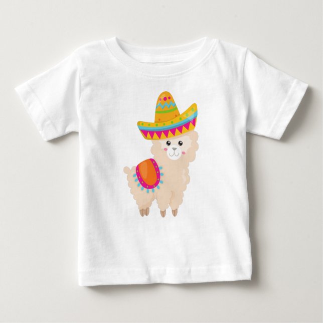 Mexican Llama, Cute Llama, Cute Alpaca, Sombrero Baby T-Shirt (Front)